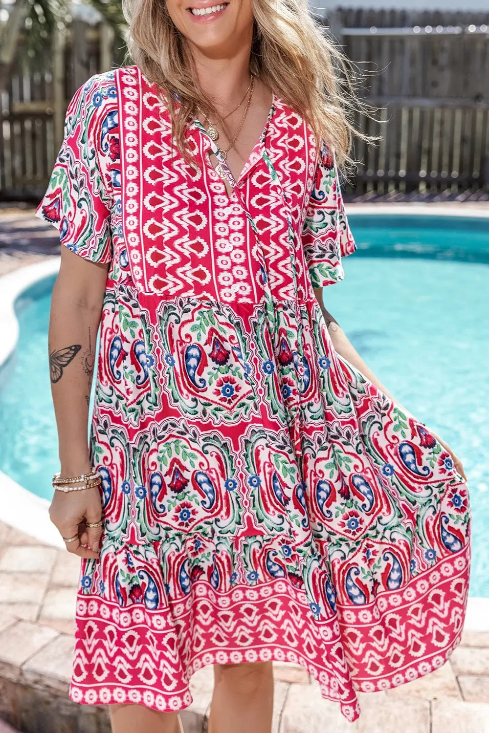 Printed Tie Neck Short Sleeve Dress -BazaarBey - www.shopbazaarbey.com