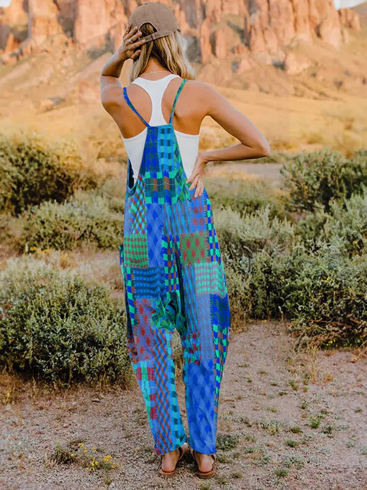  Printed V-Neck Sleeveless Jumpsuit Trendsi