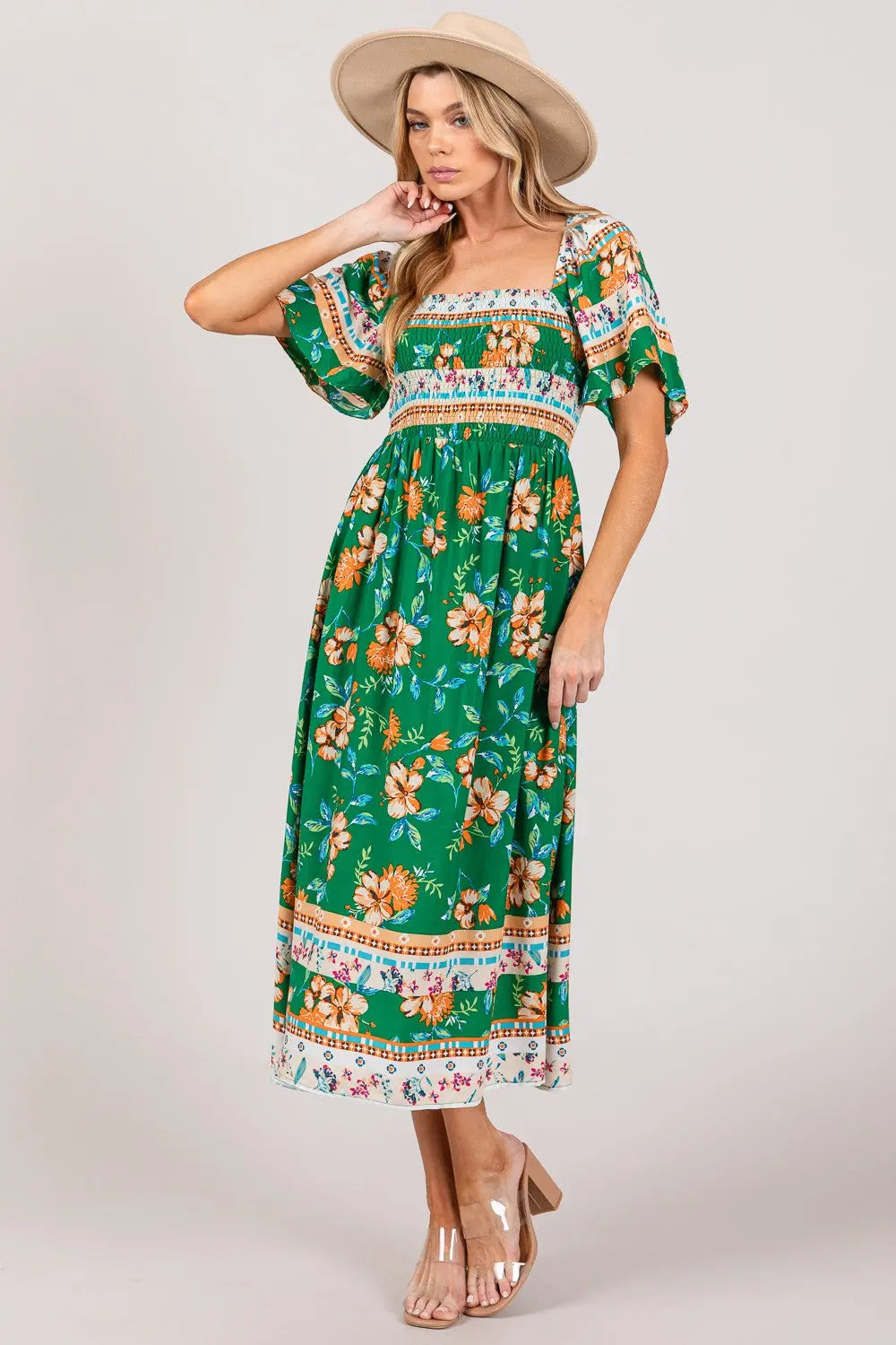  Printed Smocked Short Sleeve Midi Dress -BazaarBey - www.shopbazaarbey.com