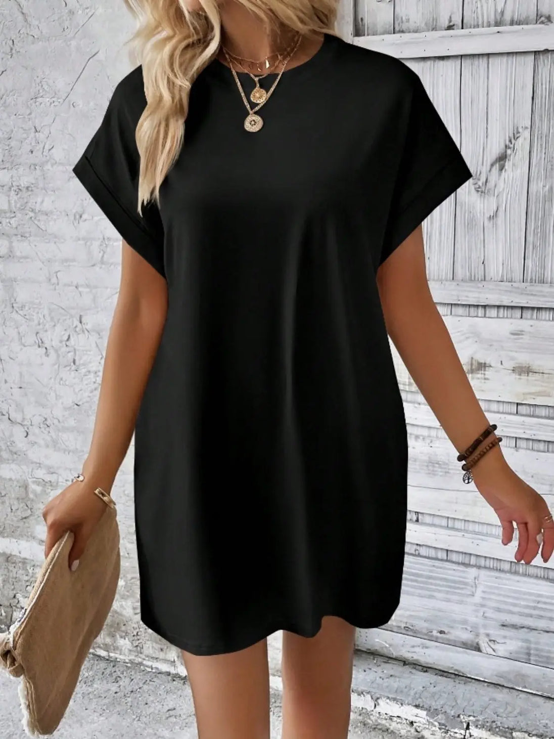 Pocketed Round Neck Short Sleeve Dress -BazaarBey - www.shopbazaarbey.com