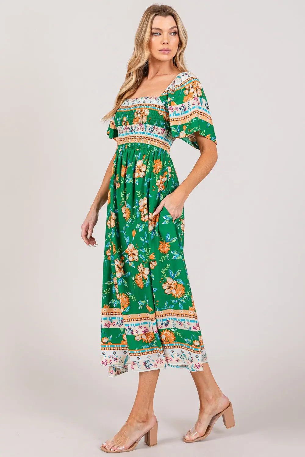  Printed Smocked Short Sleeve Midi Dress -BazaarBey - www.shopbazaarbey.com