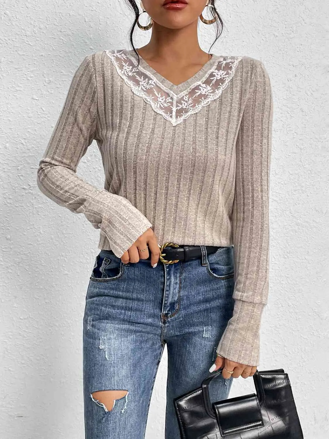  Detail Ribbed V-Neck Long Sleeve Top Bazaarbey