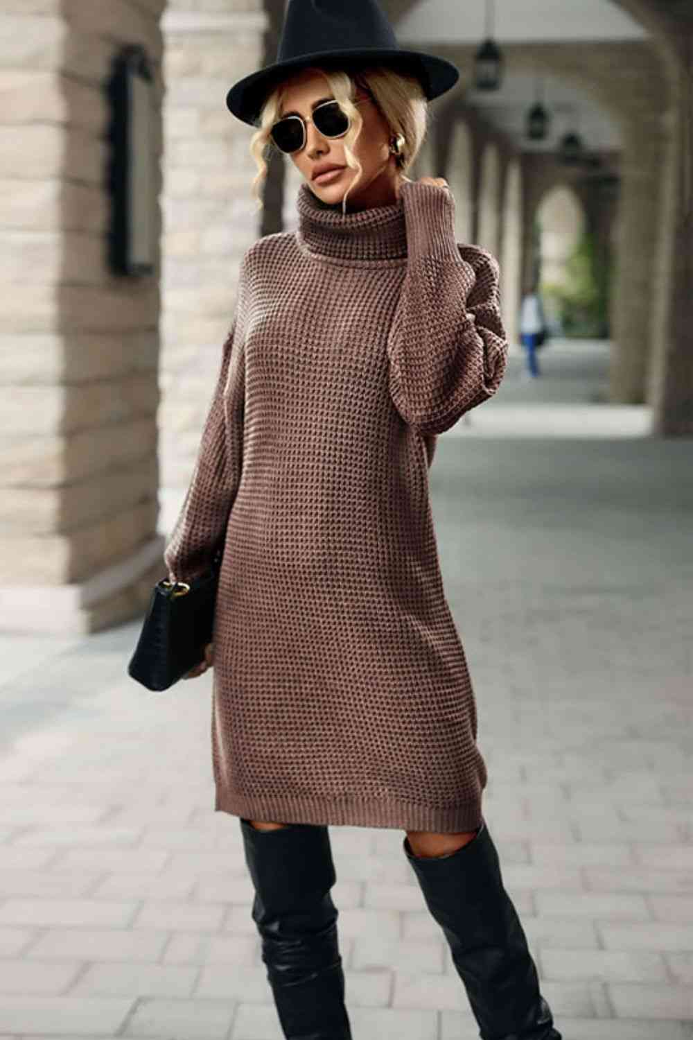 Turtleneck Dropped Shoulder Mini Sweater Dress Bazaarbey