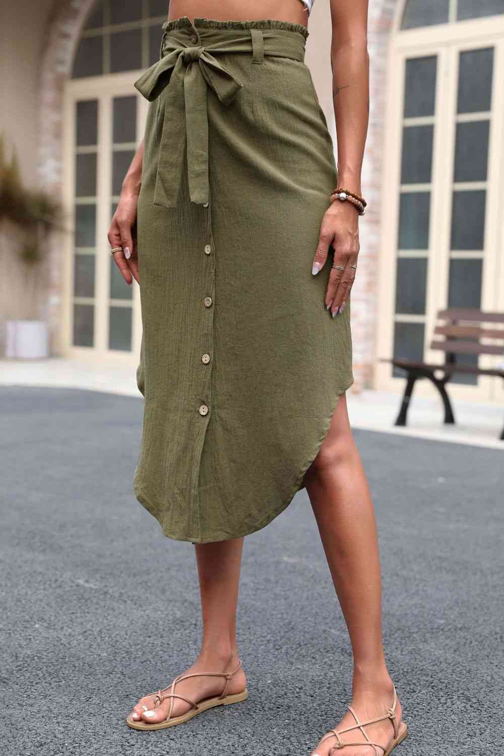 Tie Belt Frill Trim Buttoned Skirt Trendsi