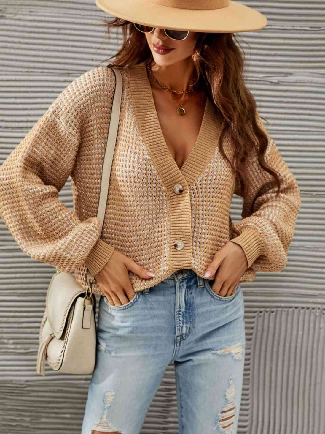 V-Neck Dropped Shoulder Cardigan Trendsi