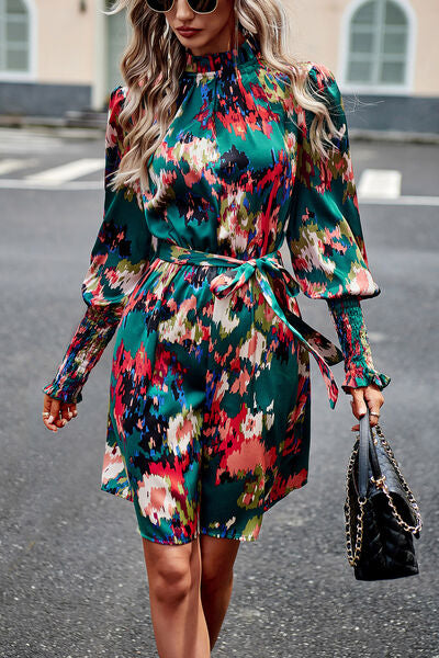 Printed Tie Waist Mock Neck Lantern Sleeve Dress -BazaarBey - www.shopbazaarbey.com