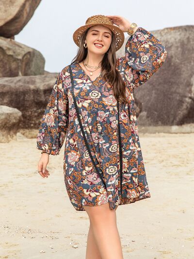 Plus Size Printed V-Neck Balloon Sleeve Mini Dress Bazaarbey