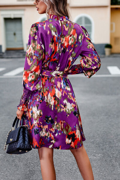 Printed Tie Waist Mock Neck Lantern Sleeve Dress -BazaarBey - www.shopbazaarbey.com