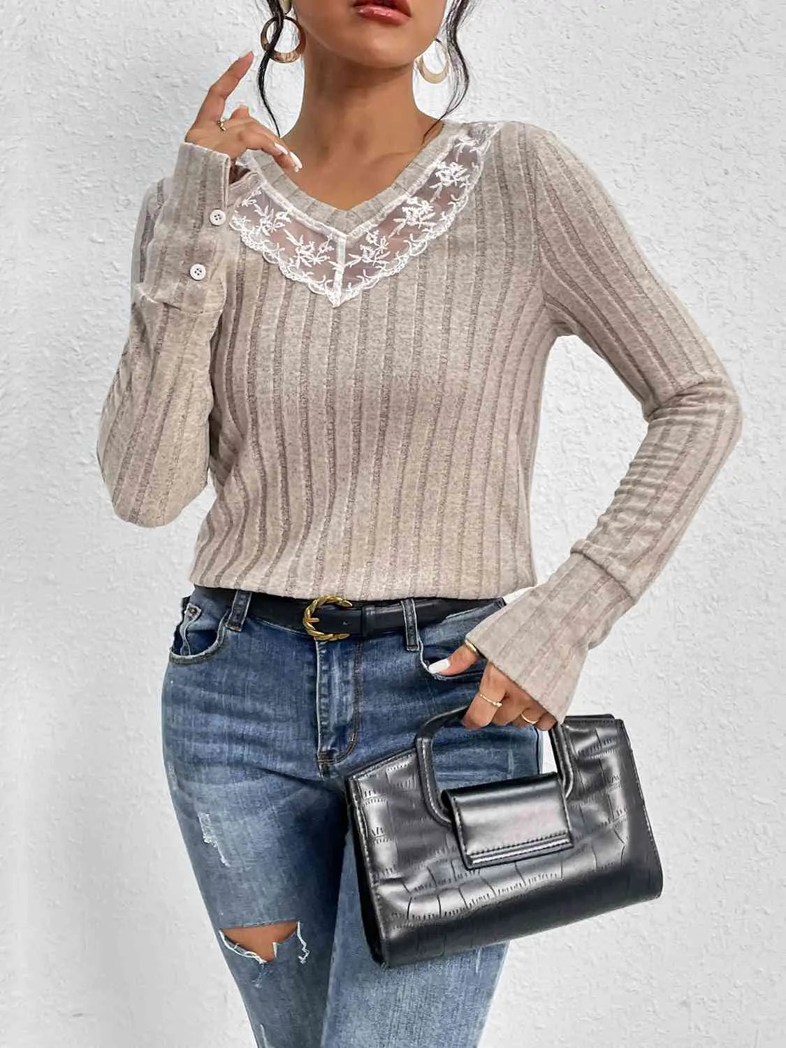  Detail Ribbed V-Neck Long Sleeve Top Bazaarbey