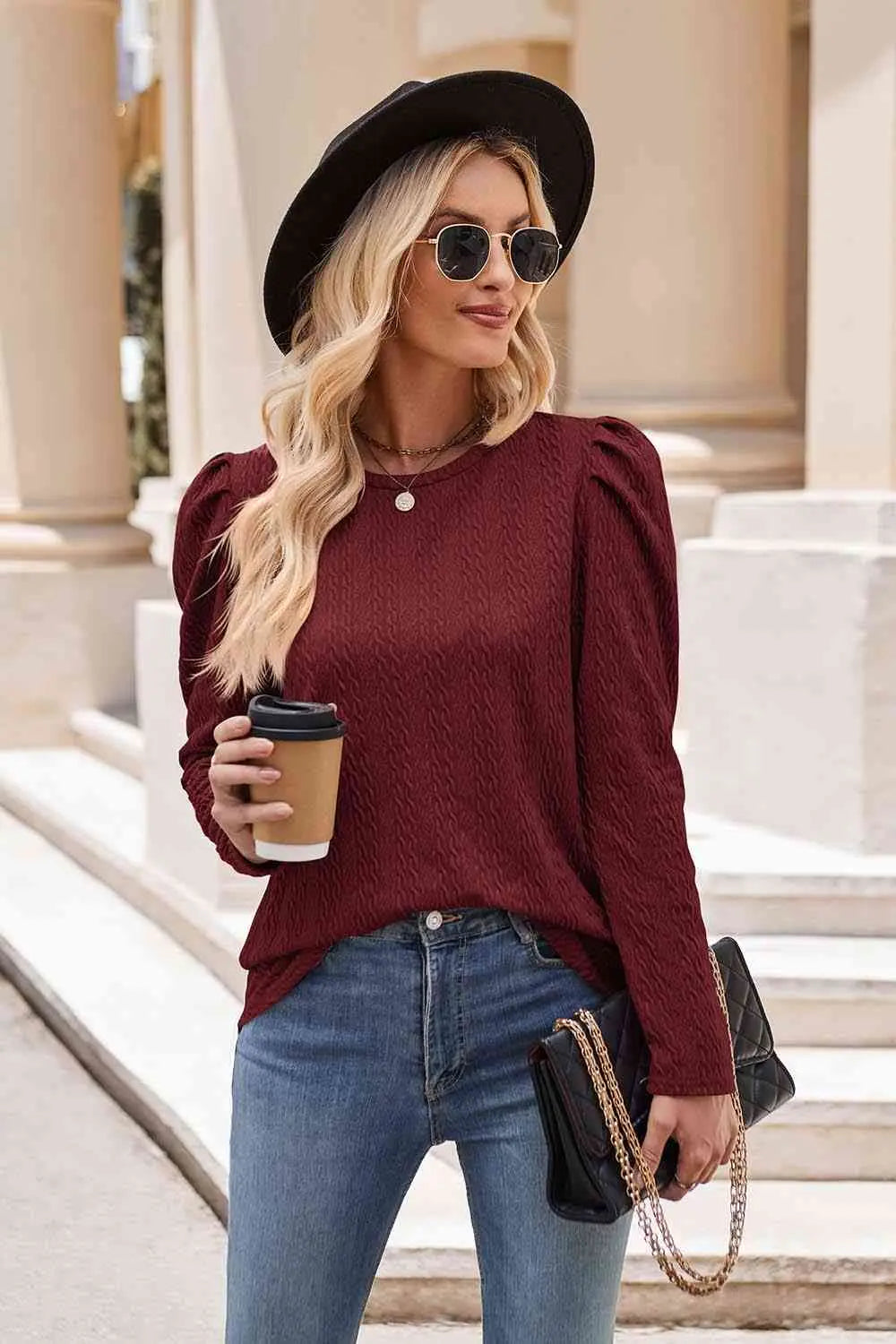 Round Neck Puff Sleeve Blouse Trendsi