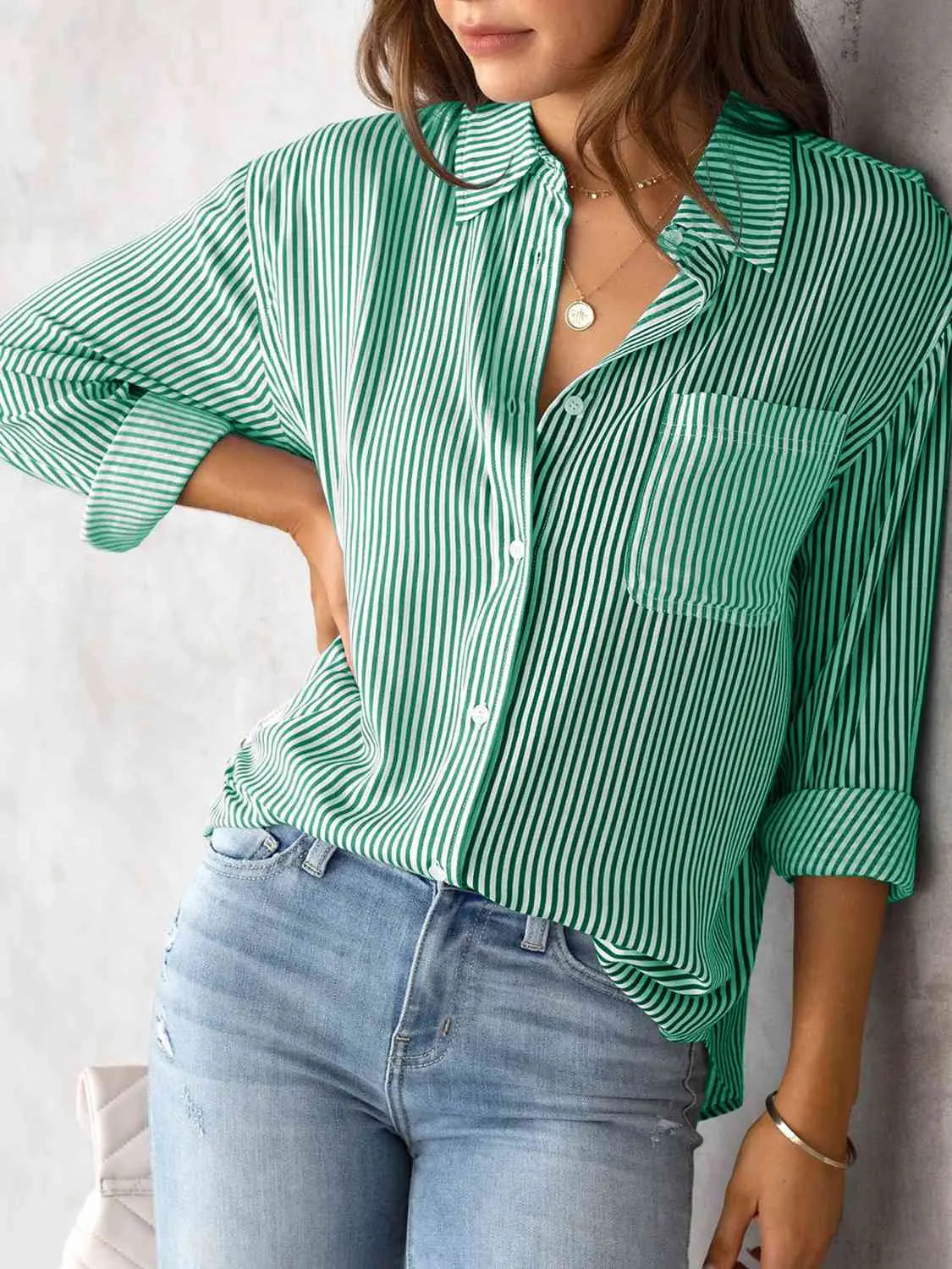 Striped Collared Neck Shirt with Pocket Trendsi