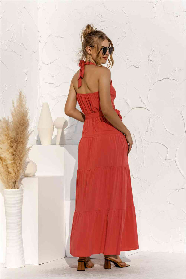 Halter Neck Tie Waist Tiered Maxi Dress Bazaarbey