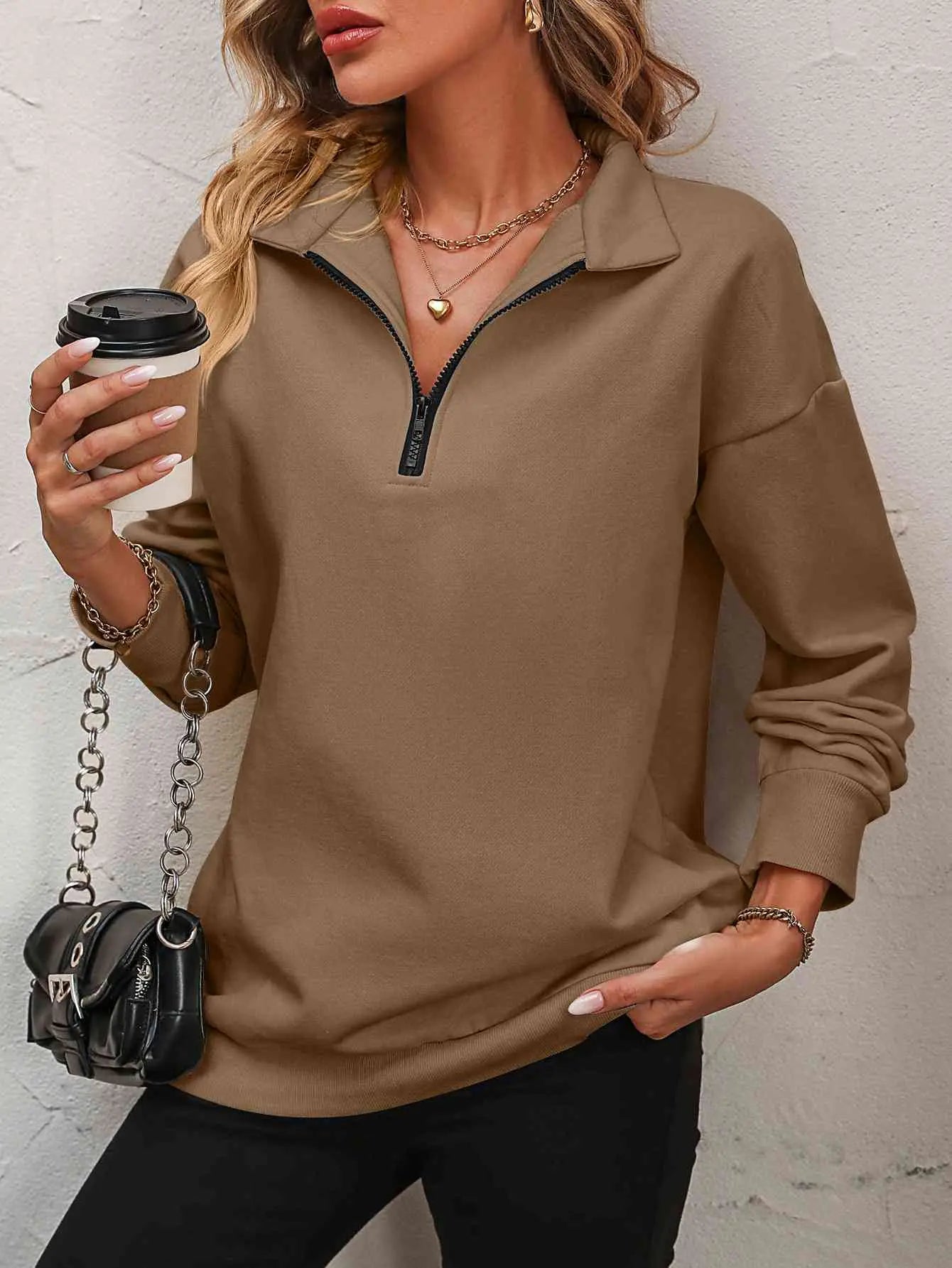 Zip-Up Dropped Shoulder Sweatshirt Bazaarbey