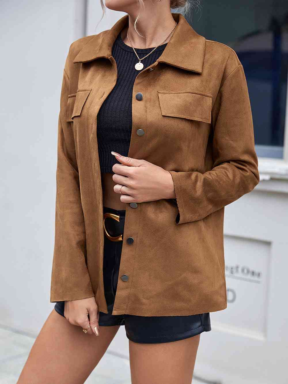 Button Front Collared Drop Shoulder Jacket Trendsi