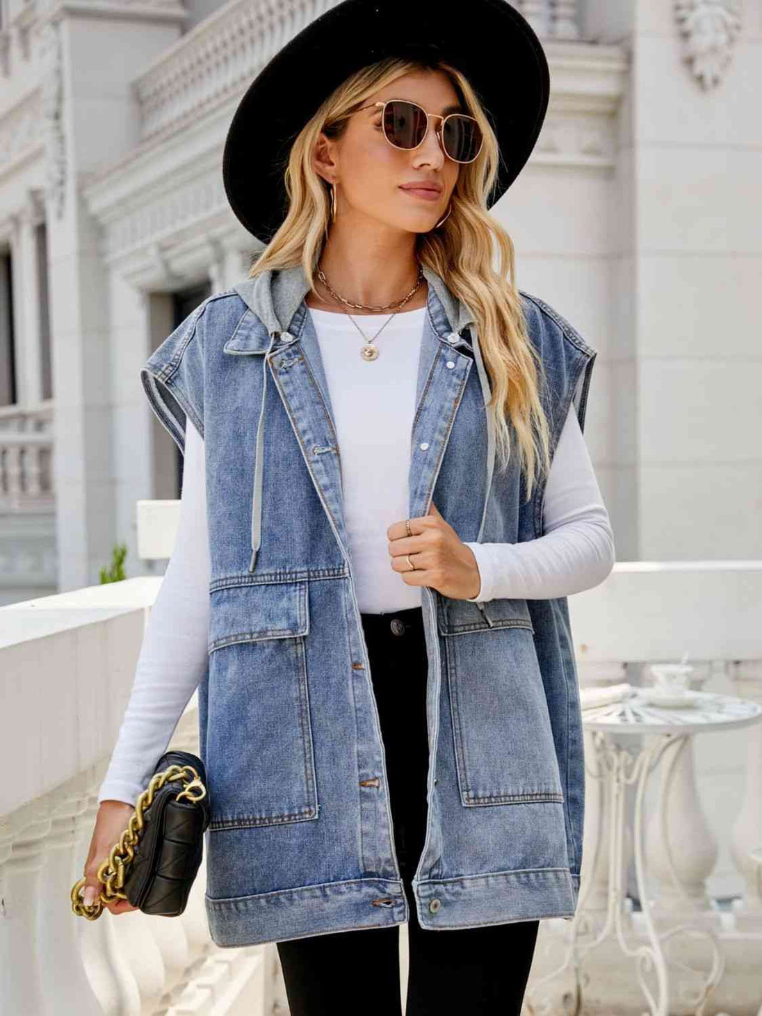 Hooded Sleeveless Denim Top with Pockets Bazaarbey