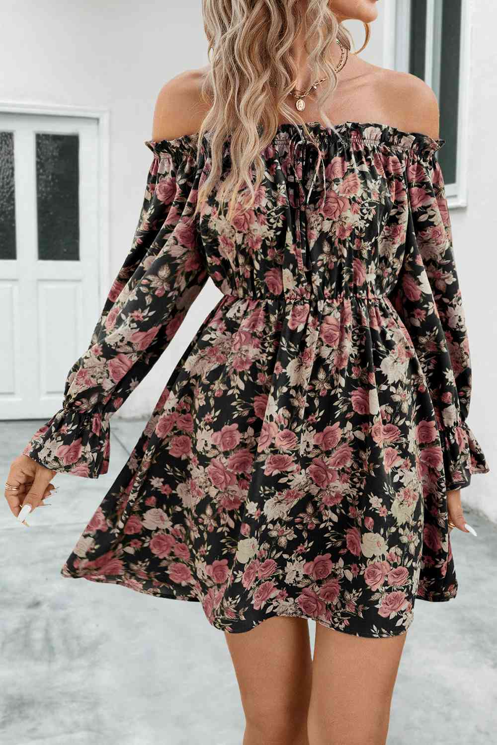 Floral Off-Shoulder Flounce Sleeve Dress -BazaarBey - www.shopbazaarbey.com