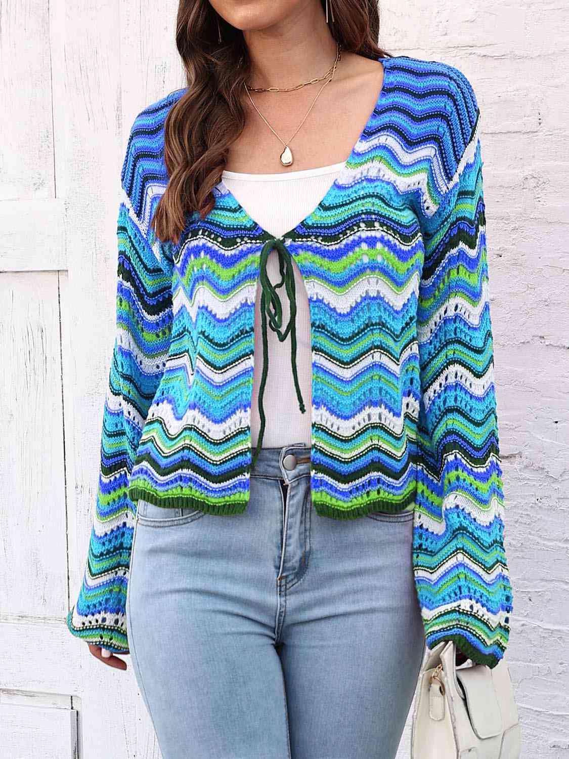 Striped  Tied Cardigan Trendsi