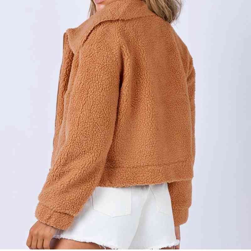 Long Sleeve Collared Neck Sherpa Jacket Trendsi