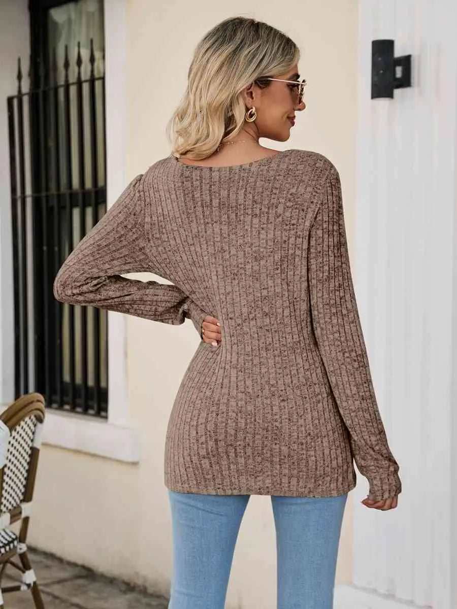 Square Neck Ribbed Long Sleeve T-Shirt Trendsi