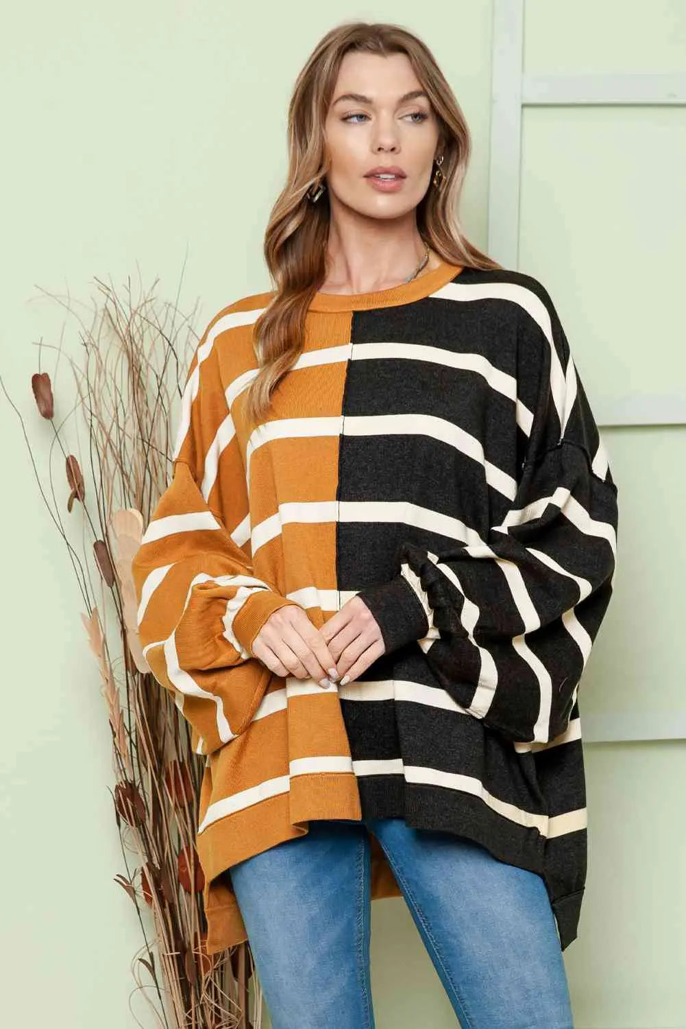 Striped Dropped Shoulder Round Neck Blouse Bazaarbey