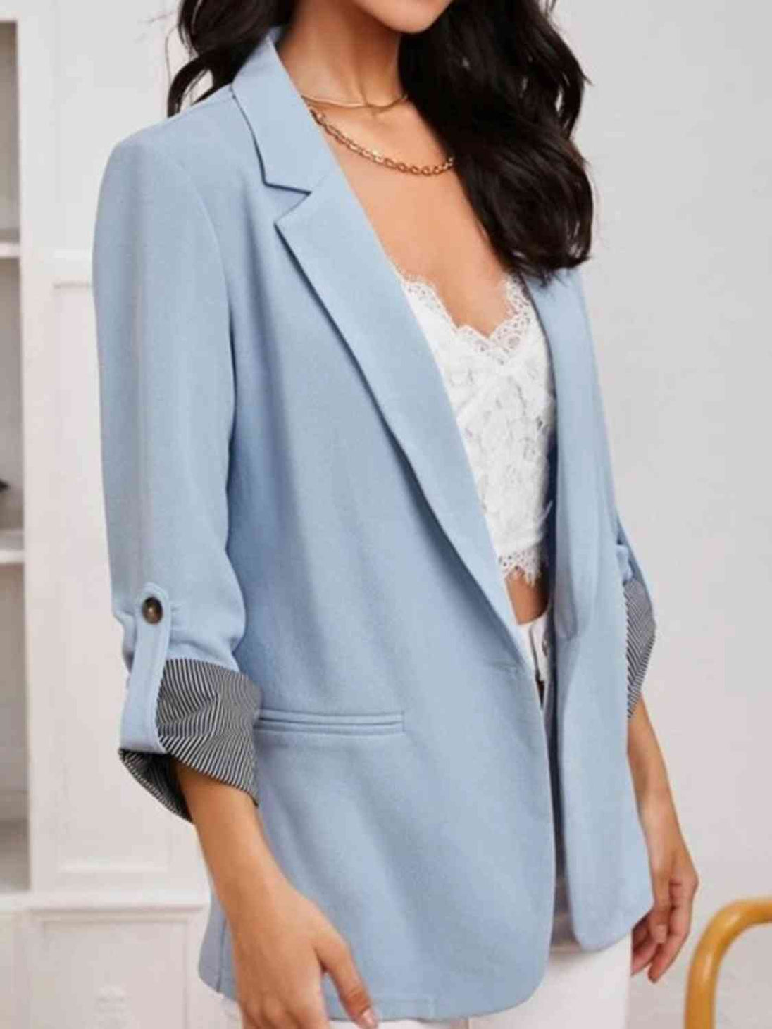 Lapel Collar Roll-Tab Sleeve Blazer Bazaarbey