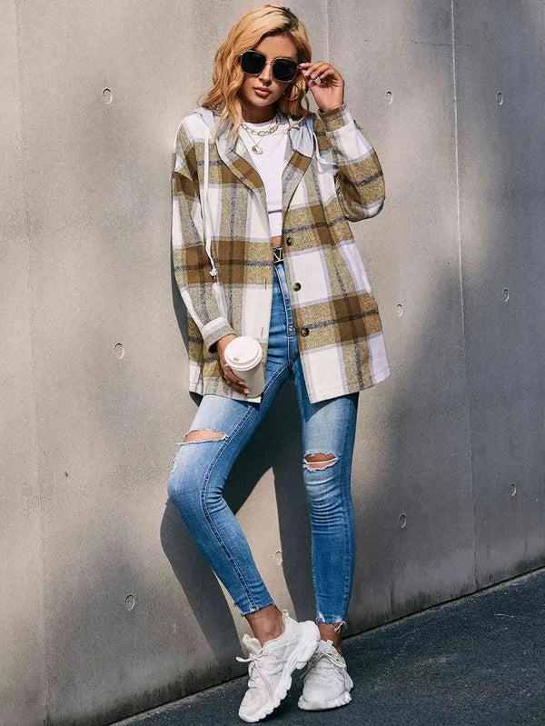 Plaid Dropped Shoulder Hooded Jacket Bazaarbey