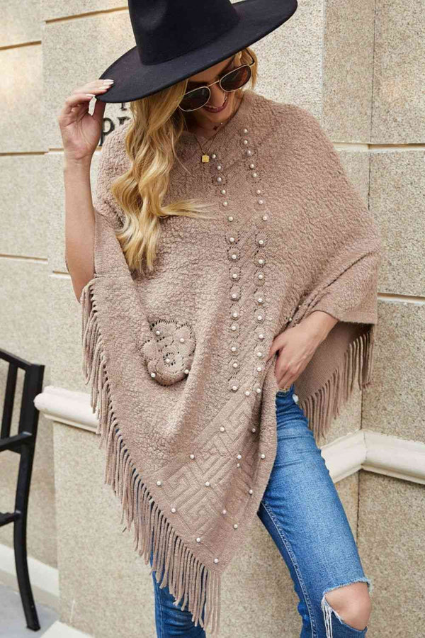 Pearl Trim Fringe Hem Poncho Bazaarbey