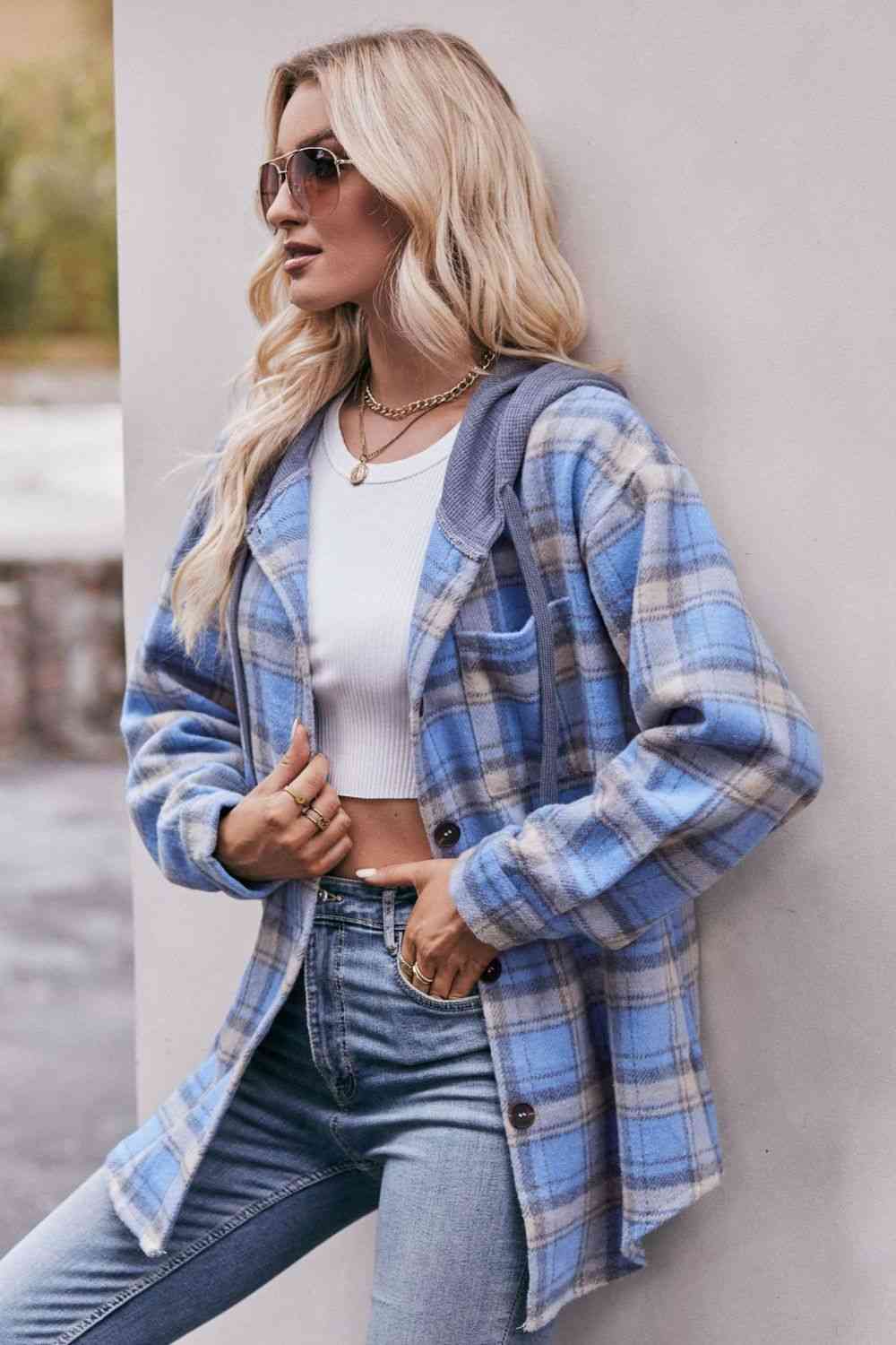 Plaid Dropped Shoulder Hooded  Jacket Trendsi