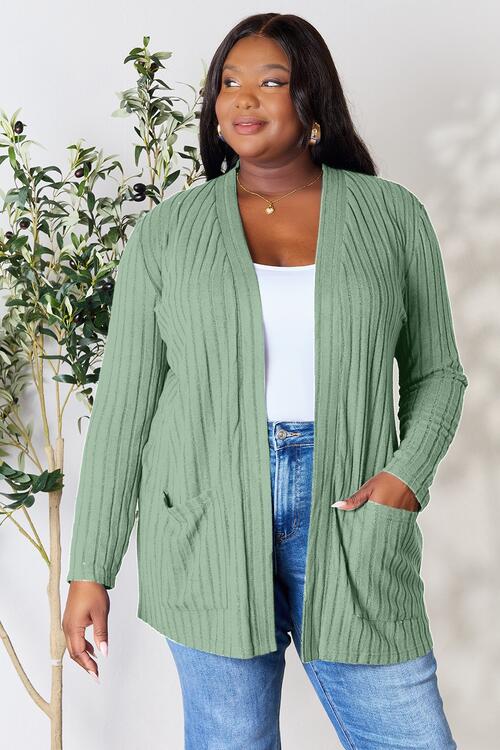   Ribbed Open Front Cardigan with Pockets Bazaarbey