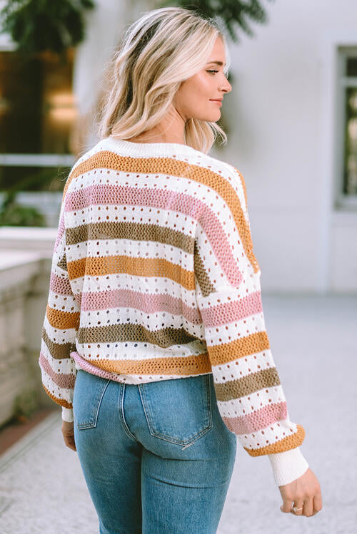  Striped Round Neck Long Sleeve Knit Top Trendsi