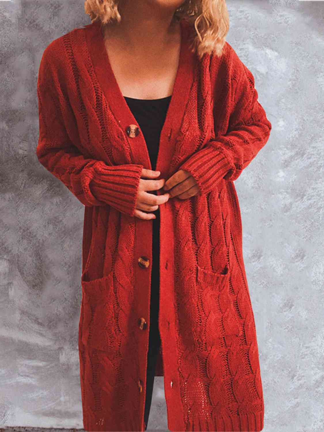 Button Up Cable-Knit Cardigan with Pockets Trendsi