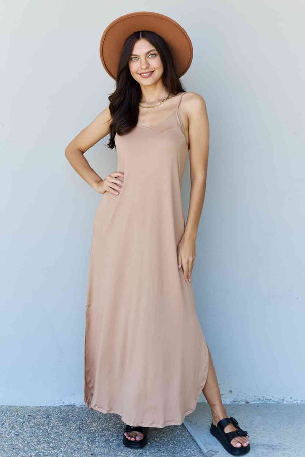 Ninexis Good Energy Full Size Cami Side Slit Maxi Dress in Camel Bazaarbey