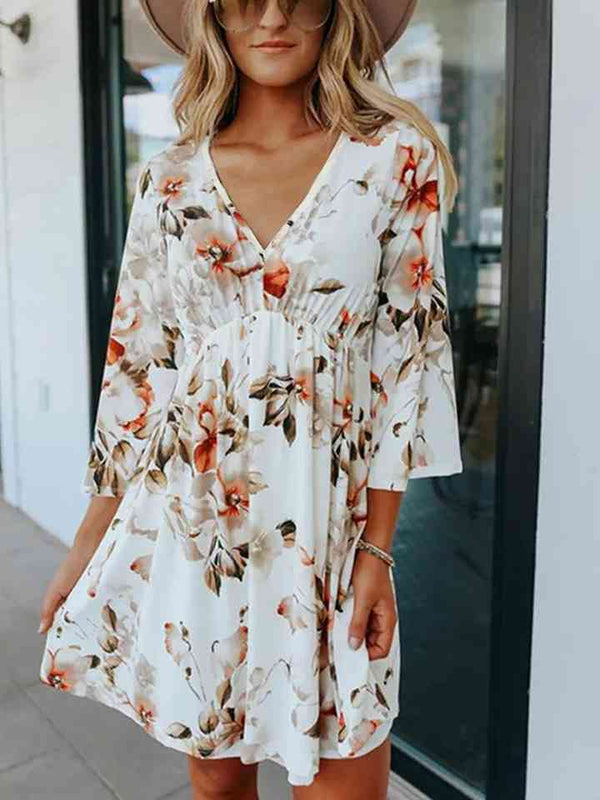 Floral V-Neck Three-Quarter Sleeve Dress -BazaarBey - www.shopbazaarbey.com