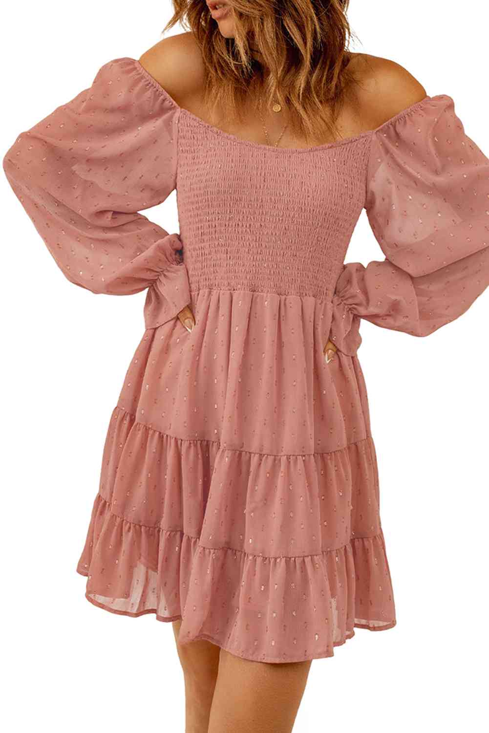 Smocked Long Flounce Sleeve Tiered Dress -BazaarBey - www.shopbazaarbey.com