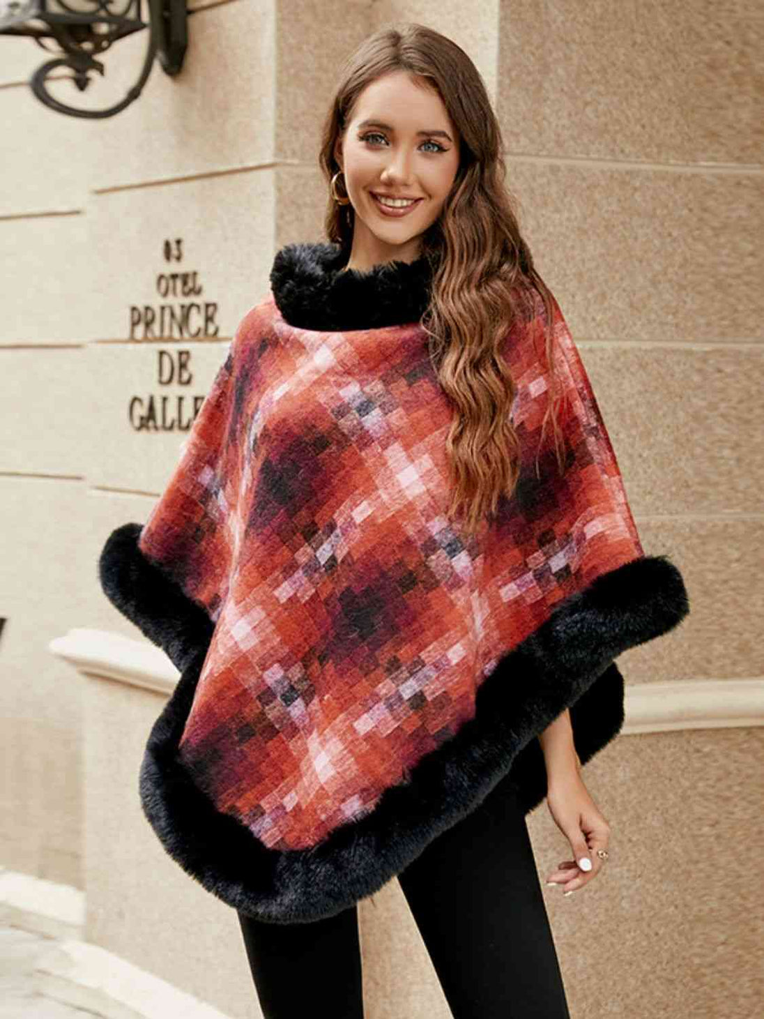 Faux Fur Trim Poncho Trendsi