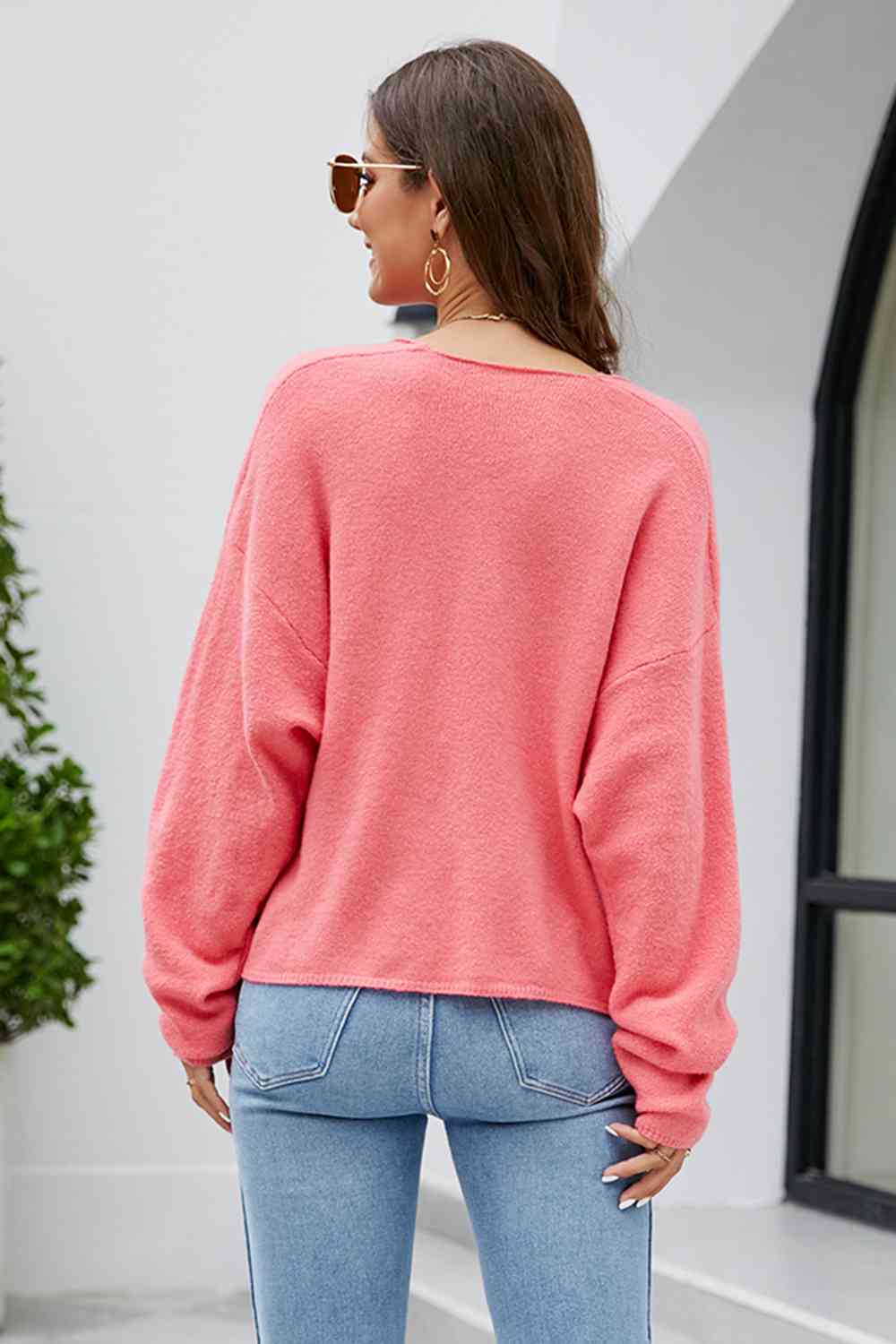 V-Neck Drop Shoulder Long Sleeve Knit Top Bazaarbey