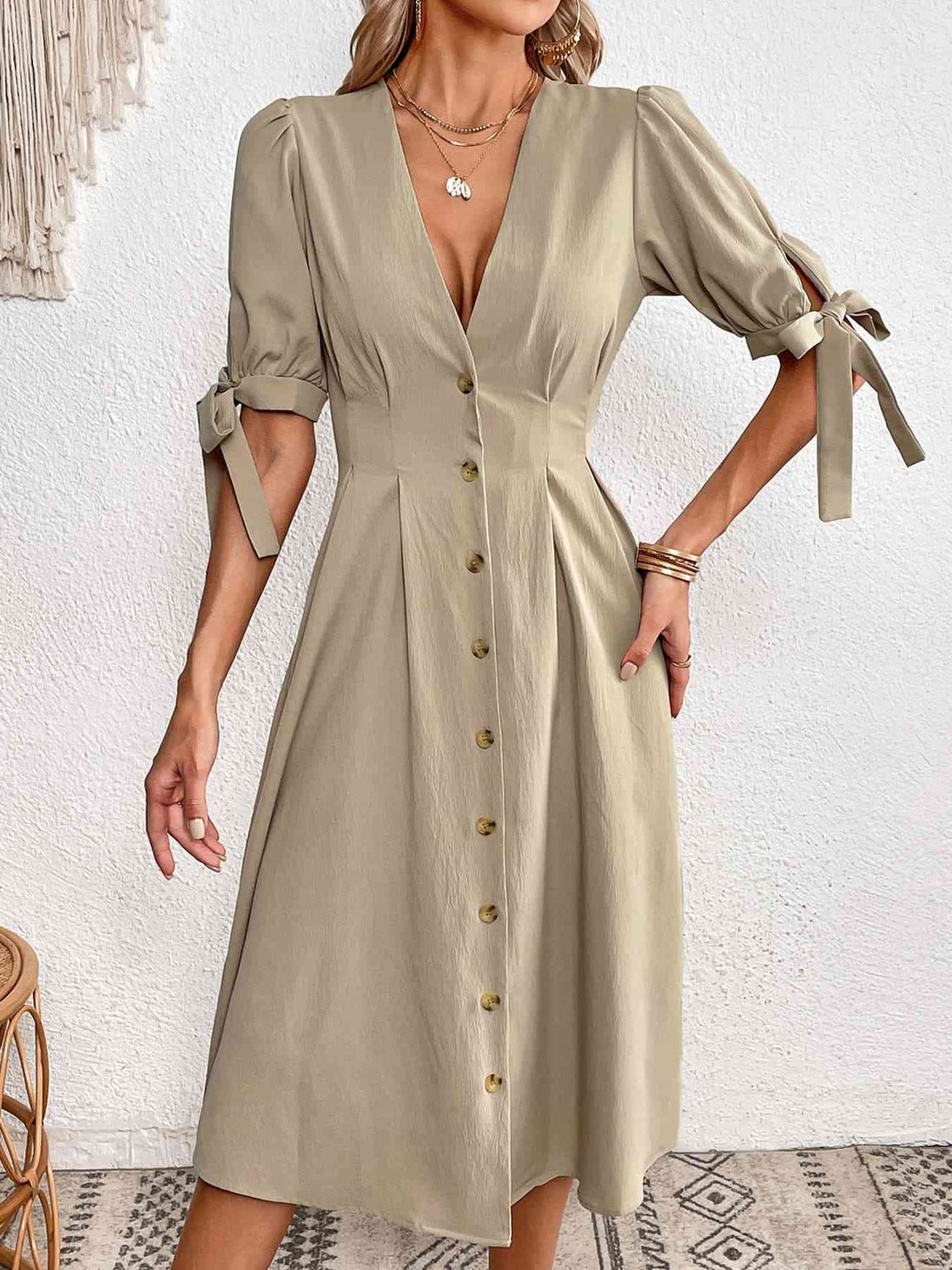 Tie Cuff Deep V Button Down Dress -BazaarBey - www.shopbazaarbey.com