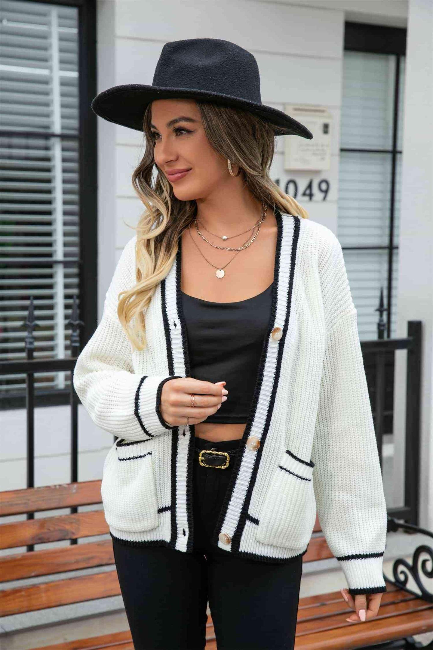 Waffle Knit V-Neck Cardigan with Pocket Trendsi