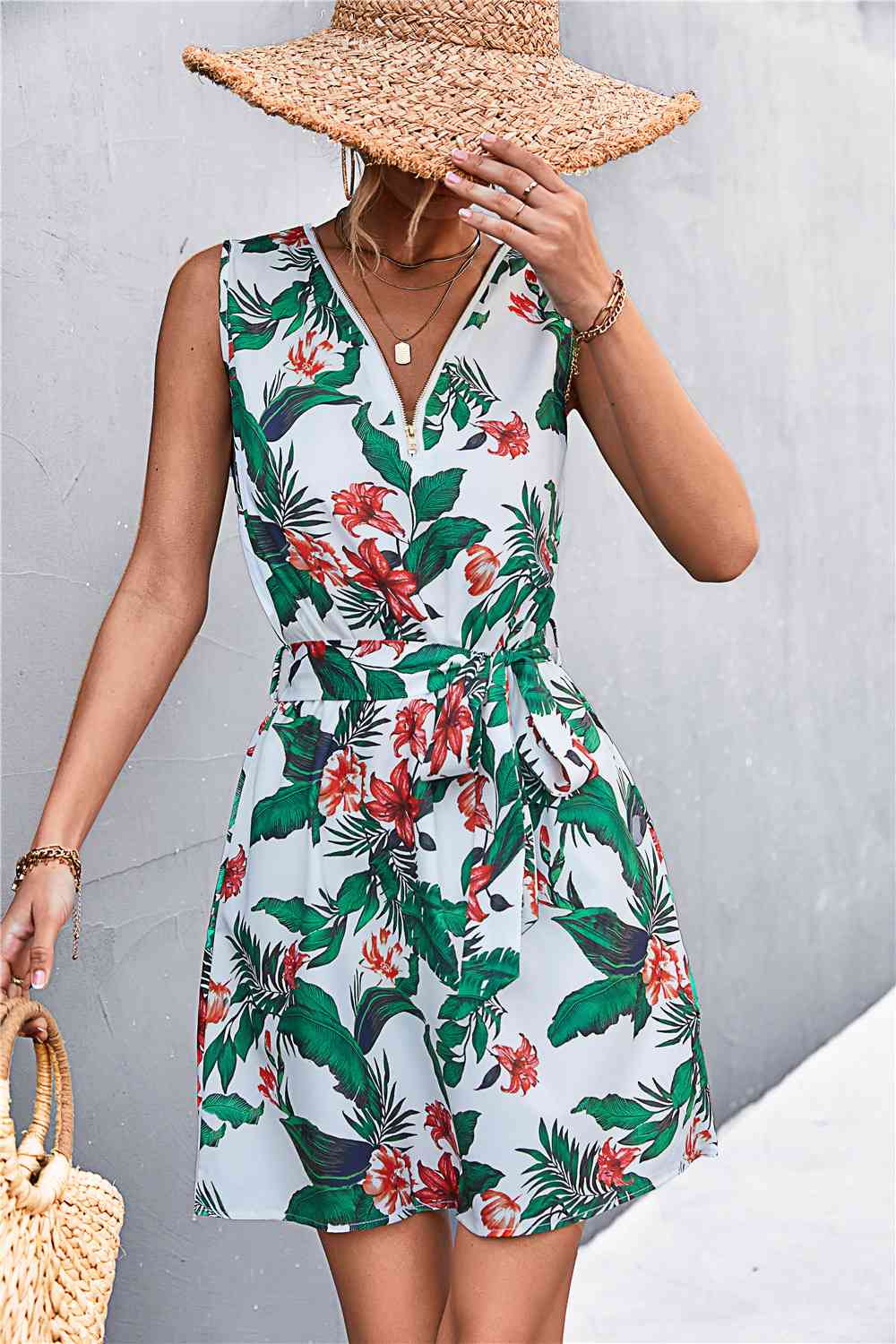 Printed Zip Detail Belted Sleeveless Dress -BazaarBey - www.shopbazaarbey.com