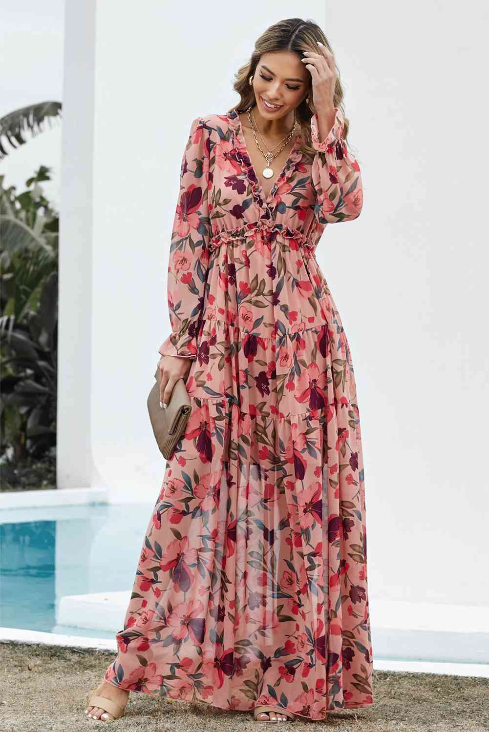 Floral Frill Trim Flounce Sleeve Plunge Maxi Dress Bazaarbey