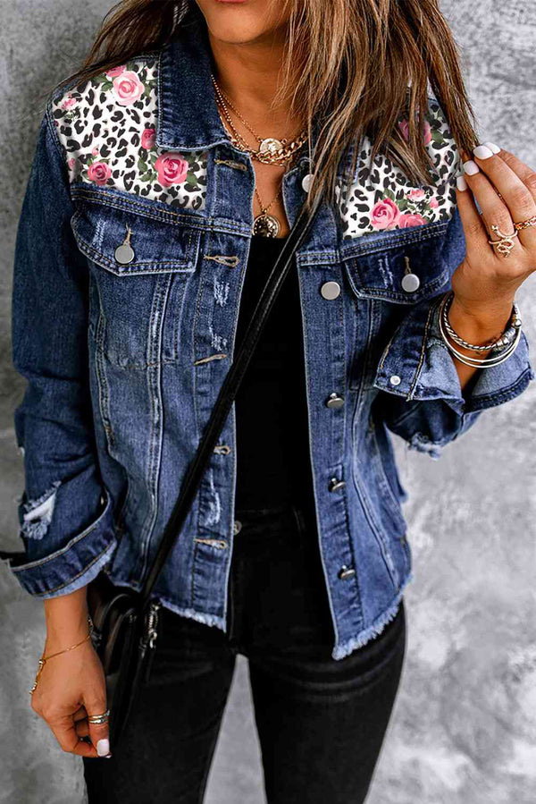 Mixed Print Distressed Button Front Denim Jacket Bazaarbey