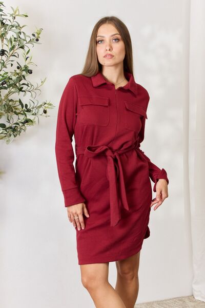   Tie Front Half Zip Long Sleeve Shirt Dress Trendsi