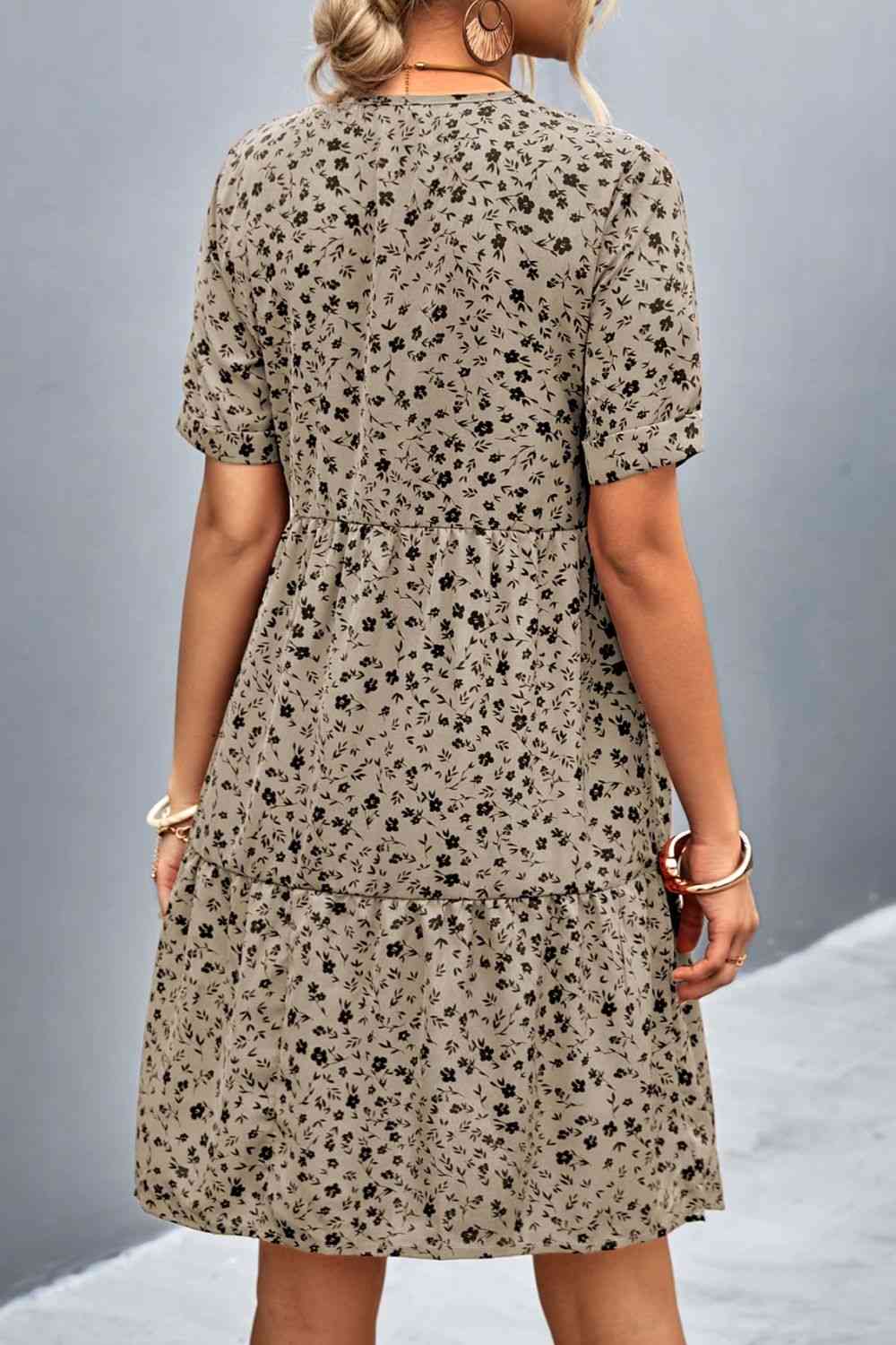  Floral Empire Waist Plunge Short Sleeve Dress -BazaarBey - www.shopbazaarbey.com