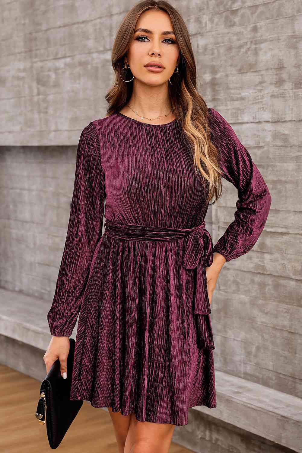 Round Neck Tie Front Long Sleeve Dress -BazaarBey - www.shopbazaarbey.com