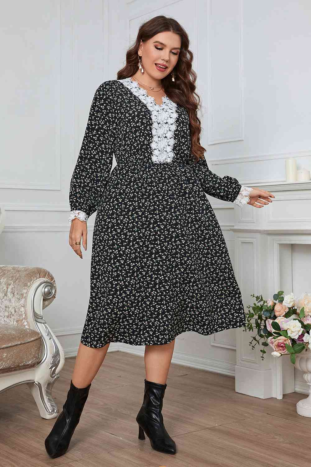 Plus Size Lace Detail V-Neck Dress -BazaarBey - www.shopbazaarbey.com