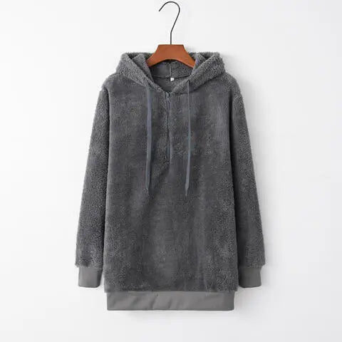 Quarter-Zip Drawstring Teddy Hoodie Bazaarbey