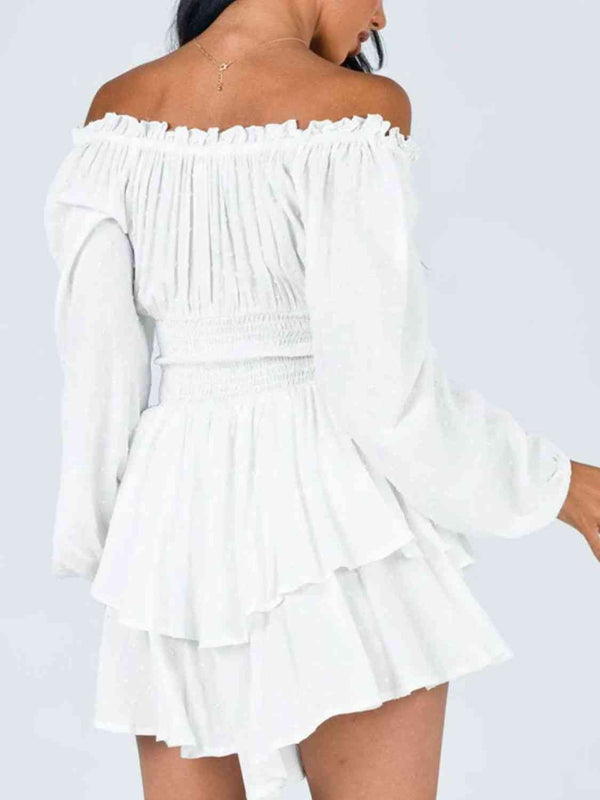 Off Shoulder Smocked Waist Romper -BazaarBey - www.shopbazaarbey.com