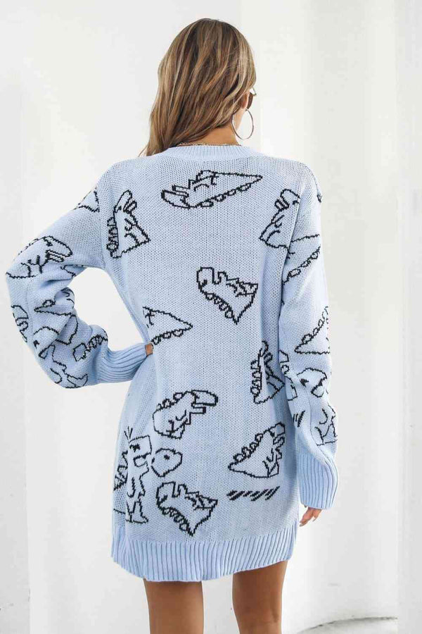 Dinosaur Pattern V-Neck Sweater Dress Bazaarbey