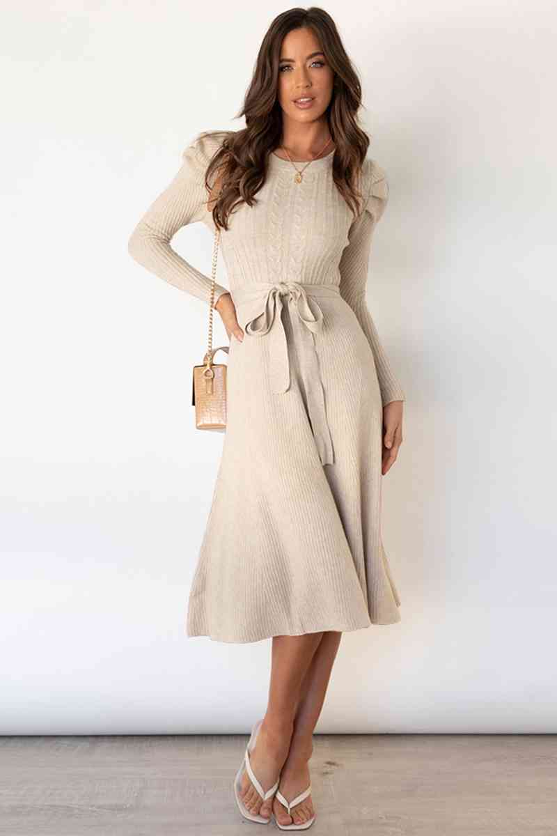 Round Neck Long Sleeve Tie Waist Sweater Dress Bazaarbey