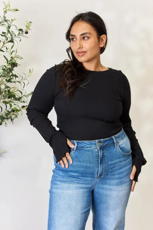  Full Size Ribbed Round Neck Long Sleeve Top Trendsi